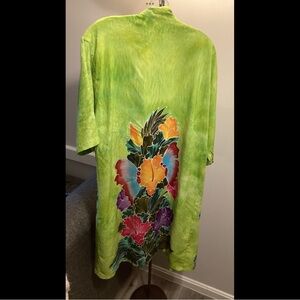 L XL Lime Green Hawaiian Hibiscus Batik Print Vintage Kimono Beach Cover Art